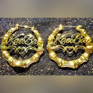 New Pair Yellow Goldtone Bamboo Hoop Earrings 2-1/4” No Hallmark Bae Kae Script